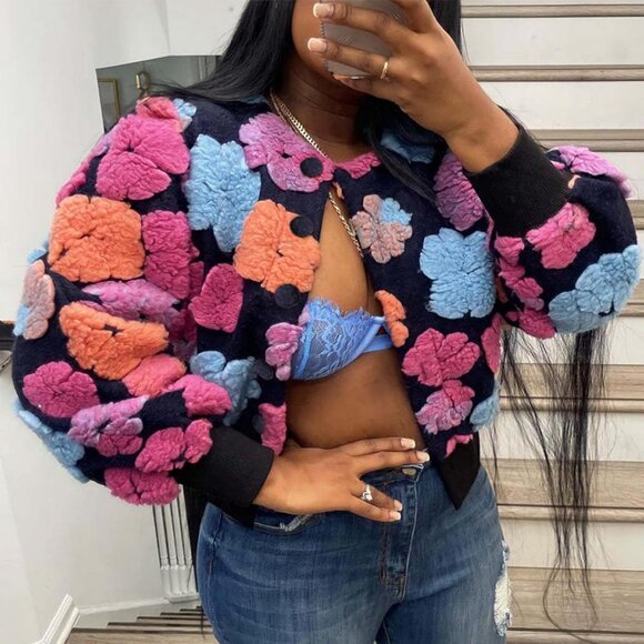 Women's Rose Opcakm Cropped Floral Shacket Sleeve Bomber Style Outerwear Jacket - Picture 3 of 7